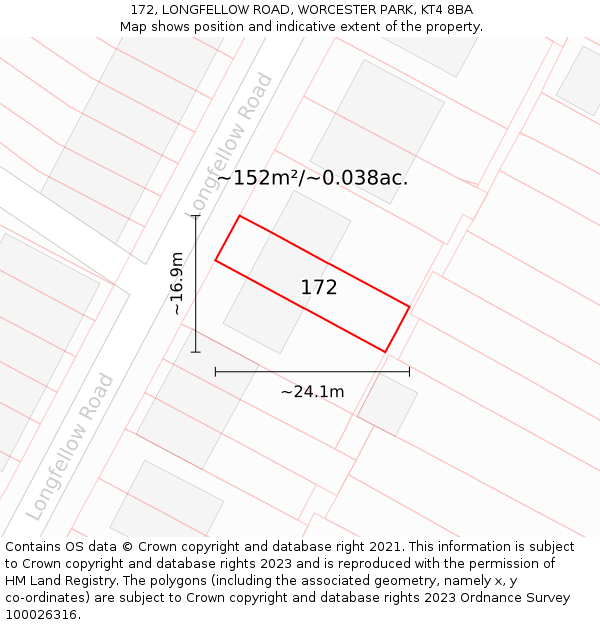 172, LONGFELLOW ROAD, WORCESTER PARK, KT4 8BA: Plot and title map