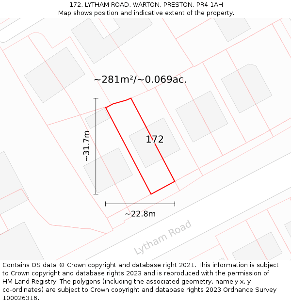 172, LYTHAM ROAD, WARTON, PRESTON, PR4 1AH: Plot and title map