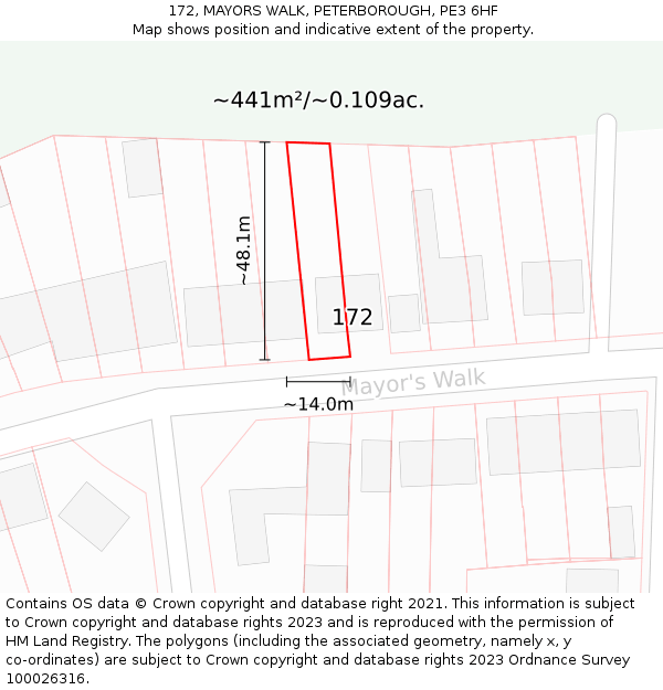 172, MAYORS WALK, PETERBOROUGH, PE3 6HF: Plot and title map