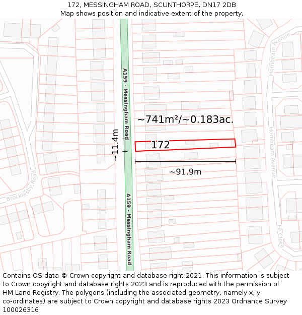 172, MESSINGHAM ROAD, SCUNTHORPE, DN17 2DB: Plot and title map