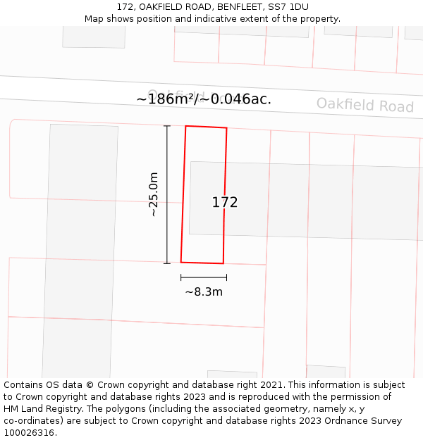 172, OAKFIELD ROAD, BENFLEET, SS7 1DU: Plot and title map