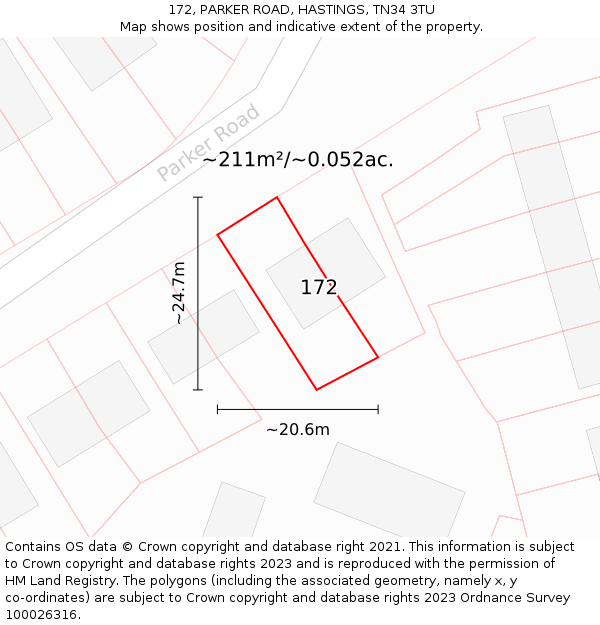 172, PARKER ROAD, HASTINGS, TN34 3TU: Plot and title map