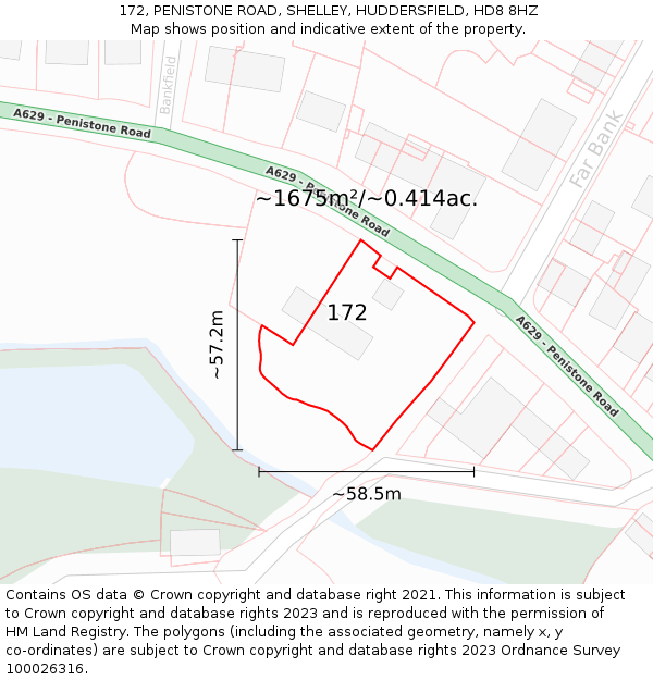 172, PENISTONE ROAD, SHELLEY, HUDDERSFIELD, HD8 8HZ: Plot and title map
