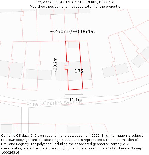 172, PRINCE CHARLES AVENUE, DERBY, DE22 4LQ: Plot and title map