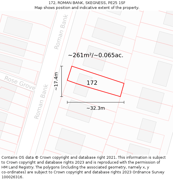 172, ROMAN BANK, SKEGNESS, PE25 1SF: Plot and title map