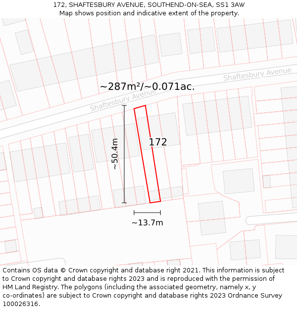 172, SHAFTESBURY AVENUE, SOUTHEND-ON-SEA, SS1 3AW: Plot and title map
