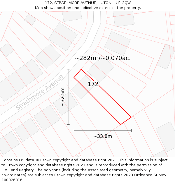 172, STRATHMORE AVENUE, LUTON, LU1 3QW: Plot and title map