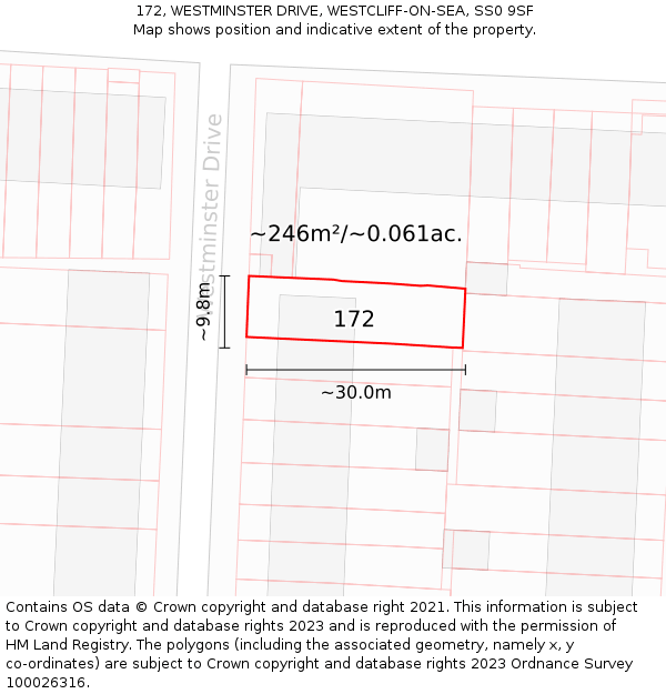 172, WESTMINSTER DRIVE, WESTCLIFF-ON-SEA, SS0 9SF: Plot and title map