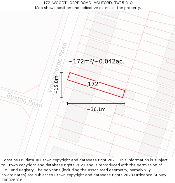 172, WOODTHORPE ROAD, ASHFORD, TW15 3LQ: Plot and title map