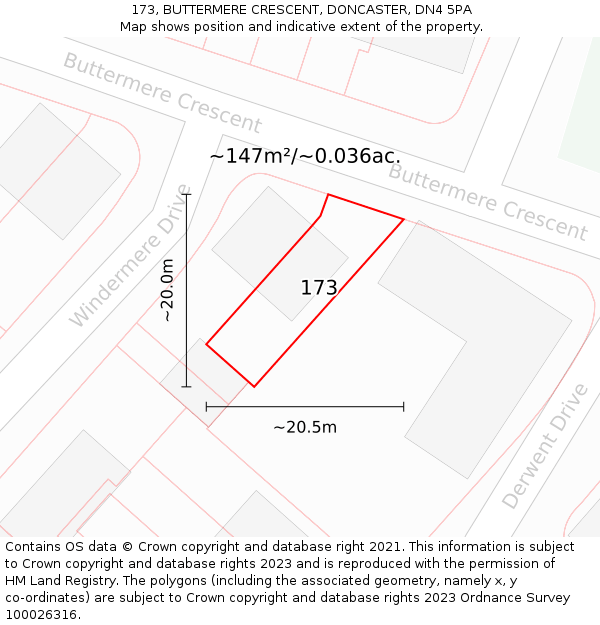 173, BUTTERMERE CRESCENT, DONCASTER, DN4 5PA: Plot and title map