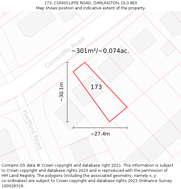173, CONISCLIFFE ROAD, DARLINGTON, DL3 8EX: Plot and title map