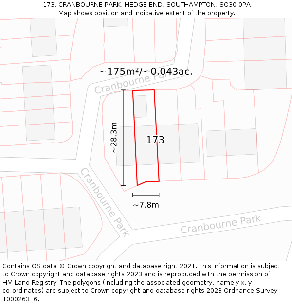 173, CRANBOURNE PARK, HEDGE END, SOUTHAMPTON, SO30 0PA: Plot and title map