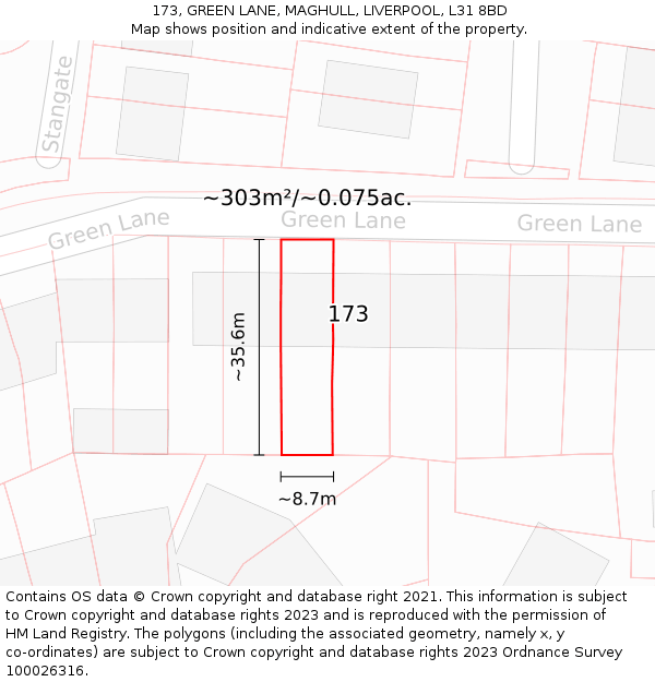 173, GREEN LANE, MAGHULL, LIVERPOOL, L31 8BD: Plot and title map