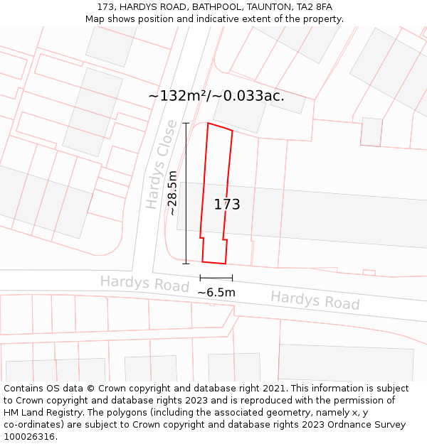 173, HARDYS ROAD, BATHPOOL, TAUNTON, TA2 8FA: Plot and title map