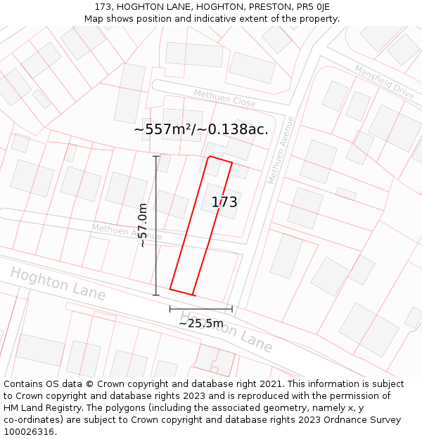 173, HOGHTON LANE, HOGHTON, PRESTON, PR5 0JE: Plot and title map