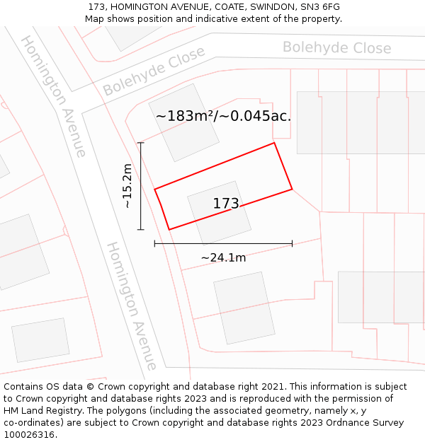 173, HOMINGTON AVENUE, COATE, SWINDON, SN3 6FG: Plot and title map
