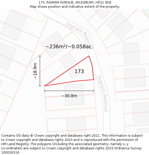 173, INGRAM AVENUE, AYLESBURY, HP21 9DE: Plot and title map