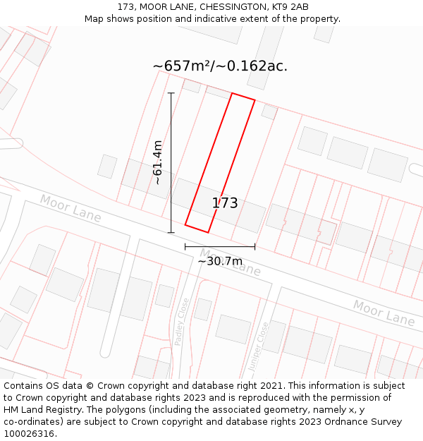 173, MOOR LANE, CHESSINGTON, KT9 2AB: Plot and title map