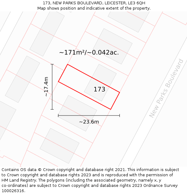 173, NEW PARKS BOULEVARD, LEICESTER, LE3 6QH: Plot and title map