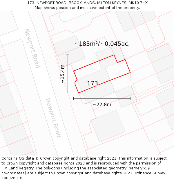 173, NEWPORT ROAD, BROOKLANDS, MILTON KEYNES, MK10 7HX: Plot and title map