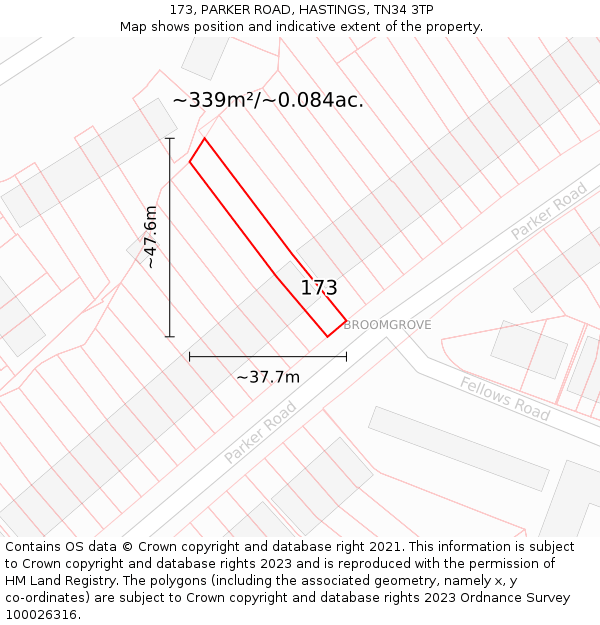 173, PARKER ROAD, HASTINGS, TN34 3TP: Plot and title map