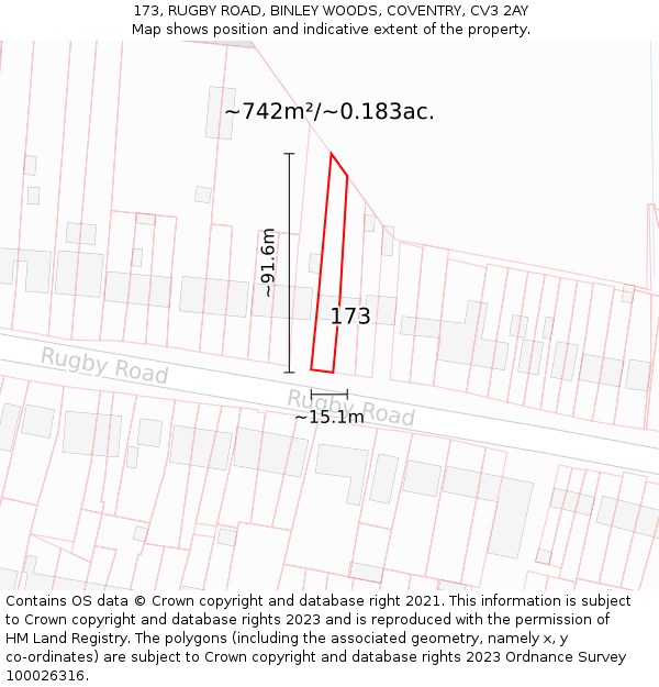 173, RUGBY ROAD, BINLEY WOODS, COVENTRY, CV3 2AY: Plot and title map