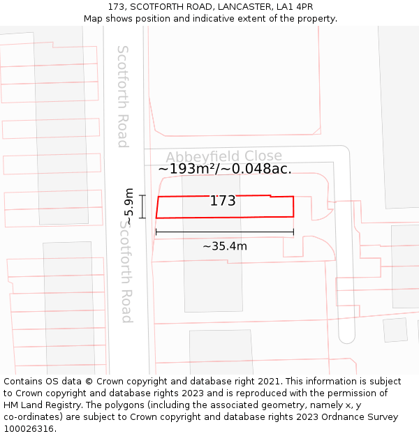 173, SCOTFORTH ROAD, LANCASTER, LA1 4PR: Plot and title map