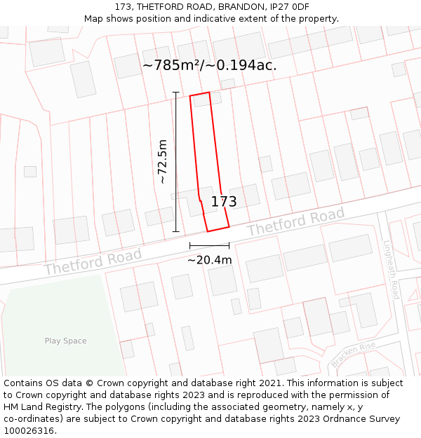 173, THETFORD ROAD, BRANDON, IP27 0DF: Plot and title map