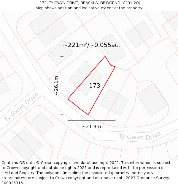 173, TY GWYN DRIVE, BRACKLA, BRIDGEND, CF31 2QJ: Plot and title map