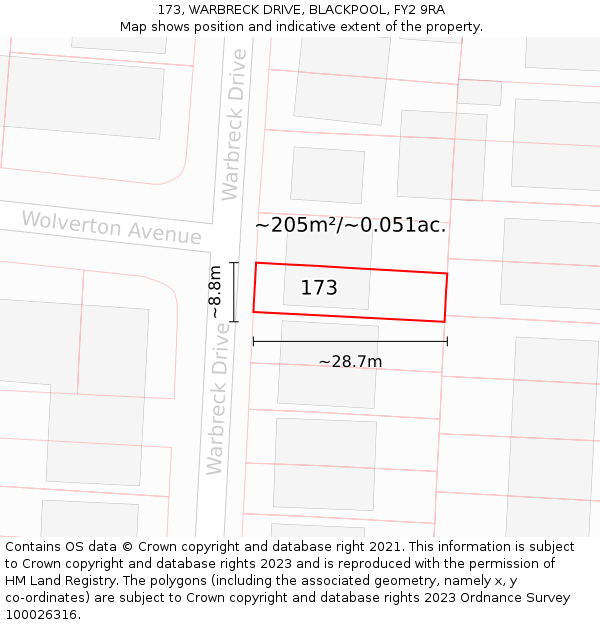 173, WARBRECK DRIVE, BLACKPOOL, FY2 9RA: Plot and title map
