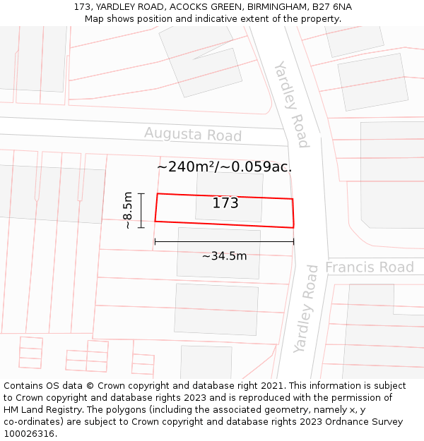173, YARDLEY ROAD, ACOCKS GREEN, BIRMINGHAM, B27 6NA: Plot and title map