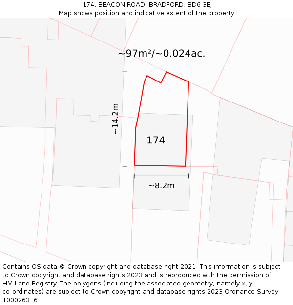 174, BEACON ROAD, BRADFORD, BD6 3EJ: Plot and title map