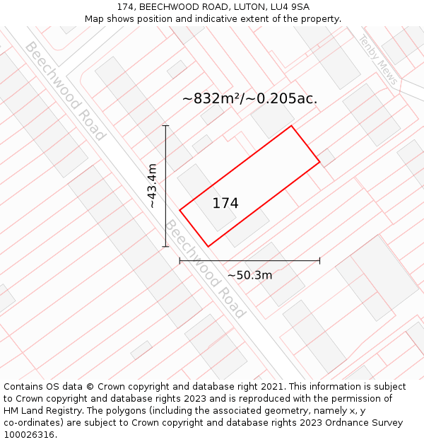 174, BEECHWOOD ROAD, LUTON, LU4 9SA: Plot and title map