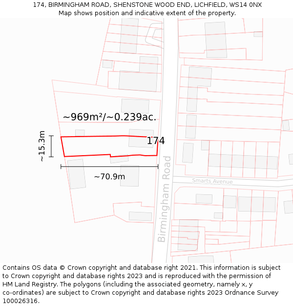 174, BIRMINGHAM ROAD, SHENSTONE WOOD END, LICHFIELD, WS14 0NX: Plot and title map