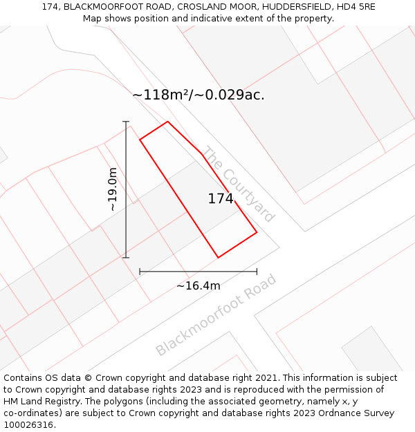 174, BLACKMOORFOOT ROAD, CROSLAND MOOR, HUDDERSFIELD, HD4 5RE: Plot and title map
