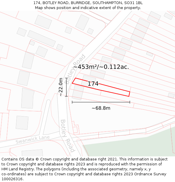 174, BOTLEY ROAD, BURRIDGE, SOUTHAMPTON, SO31 1BL: Plot and title map