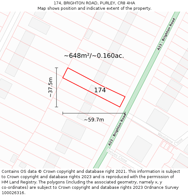 174, BRIGHTON ROAD, PURLEY, CR8 4HA: Plot and title map
