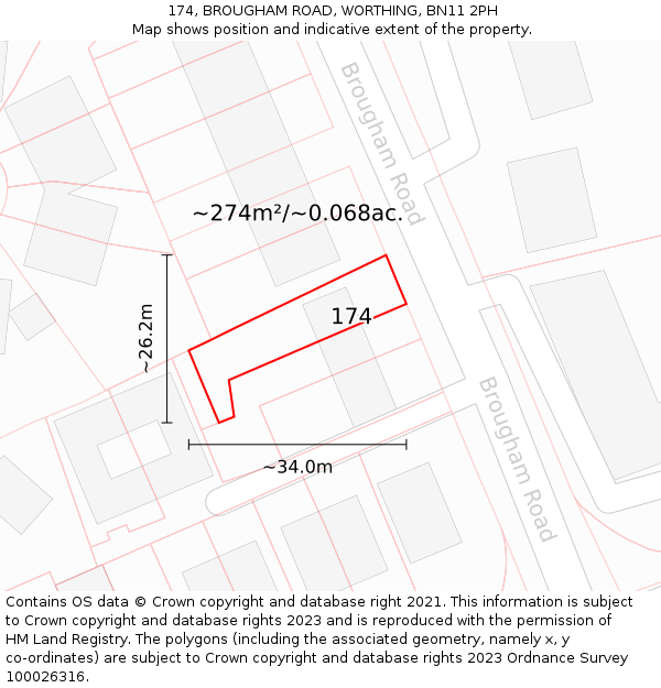 174, BROUGHAM ROAD, WORTHING, BN11 2PH: Plot and title map