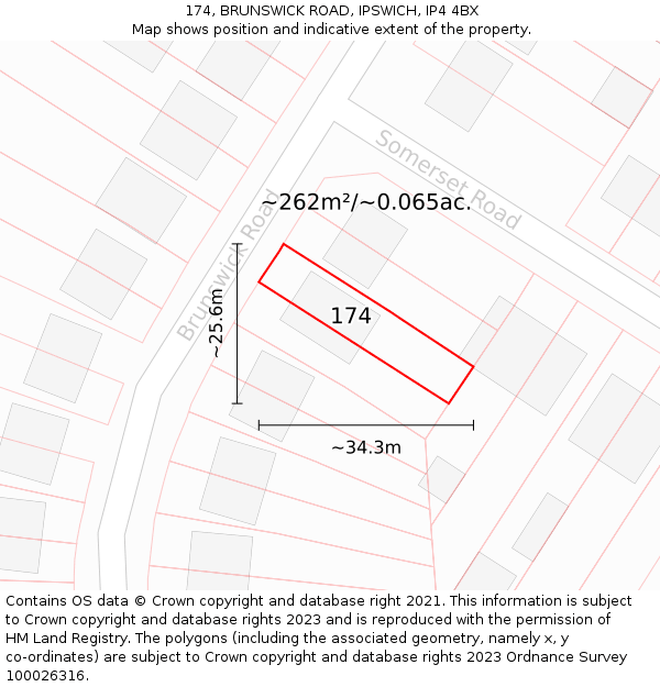 174, BRUNSWICK ROAD, IPSWICH, IP4 4BX: Plot and title map