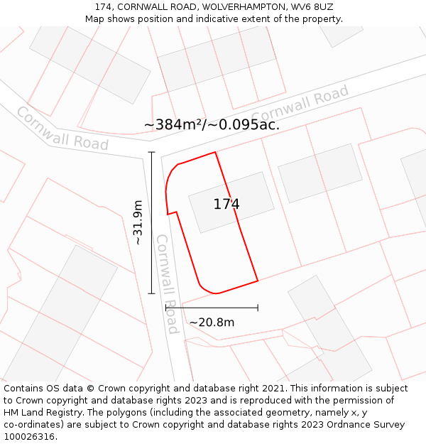 174, CORNWALL ROAD, WOLVERHAMPTON, WV6 8UZ: Plot and title map