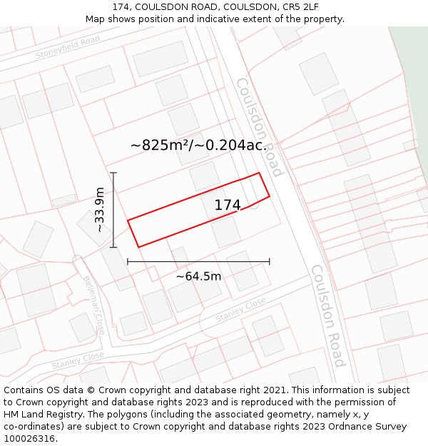 174, COULSDON ROAD, COULSDON, CR5 2LF: Plot and title map