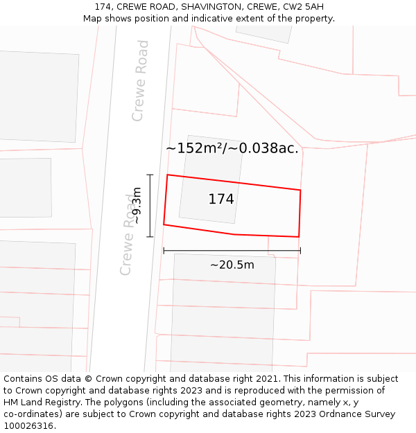 174, CREWE ROAD, SHAVINGTON, CREWE, CW2 5AH: Plot and title map
