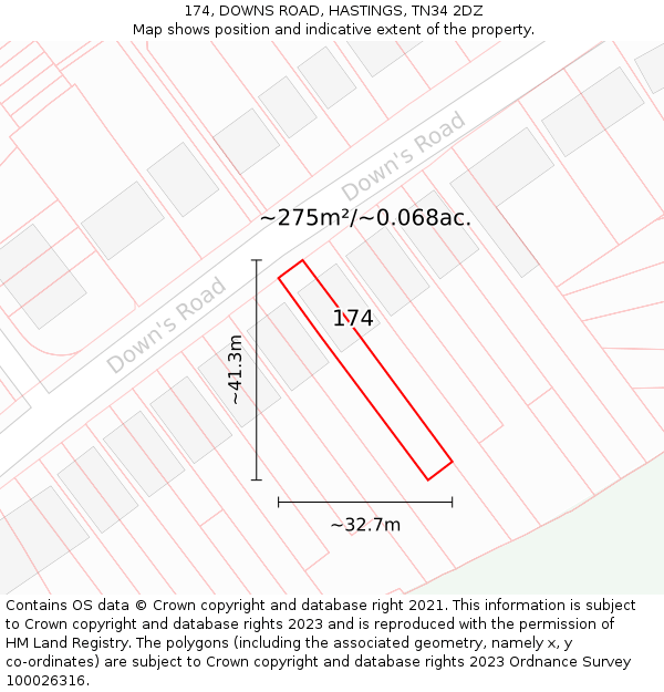 174, DOWNS ROAD, HASTINGS, TN34 2DZ: Plot and title map
