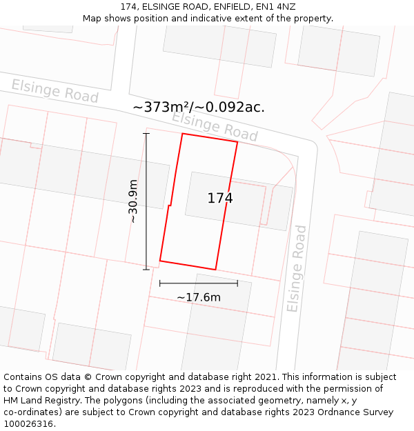174, ELSINGE ROAD, ENFIELD, EN1 4NZ: Plot and title map