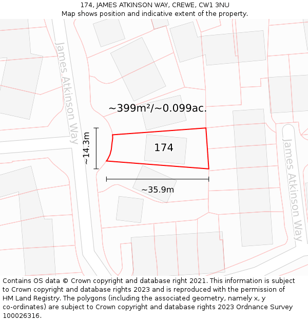 174, JAMES ATKINSON WAY, CREWE, CW1 3NU: Plot and title map