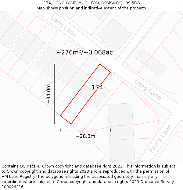 174, LONG LANE, AUGHTON, ORMSKIRK, L39 5DA: Plot and title map