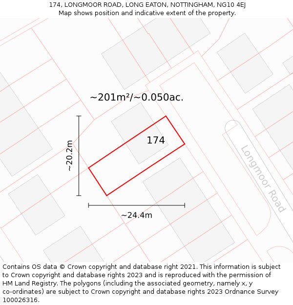 174, LONGMOOR ROAD, LONG EATON, NOTTINGHAM, NG10 4EJ: Plot and title map