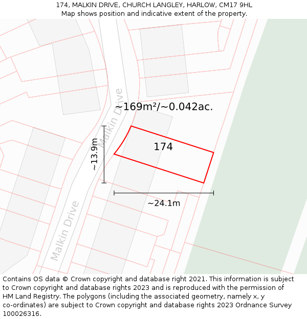 174, MALKIN DRIVE, CHURCH LANGLEY, HARLOW, CM17 9HL: Plot and title map