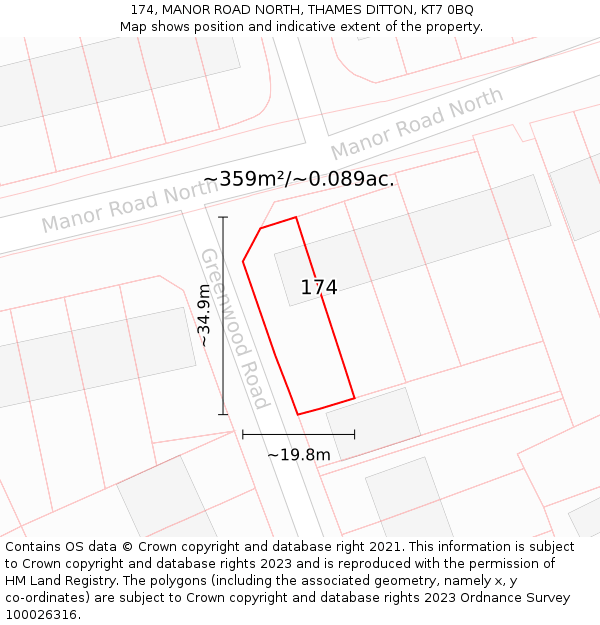 174, MANOR ROAD NORTH, THAMES DITTON, KT7 0BQ: Plot and title map