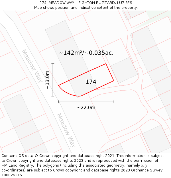 174, MEADOW WAY, LEIGHTON BUZZARD, LU7 3FS: Plot and title map